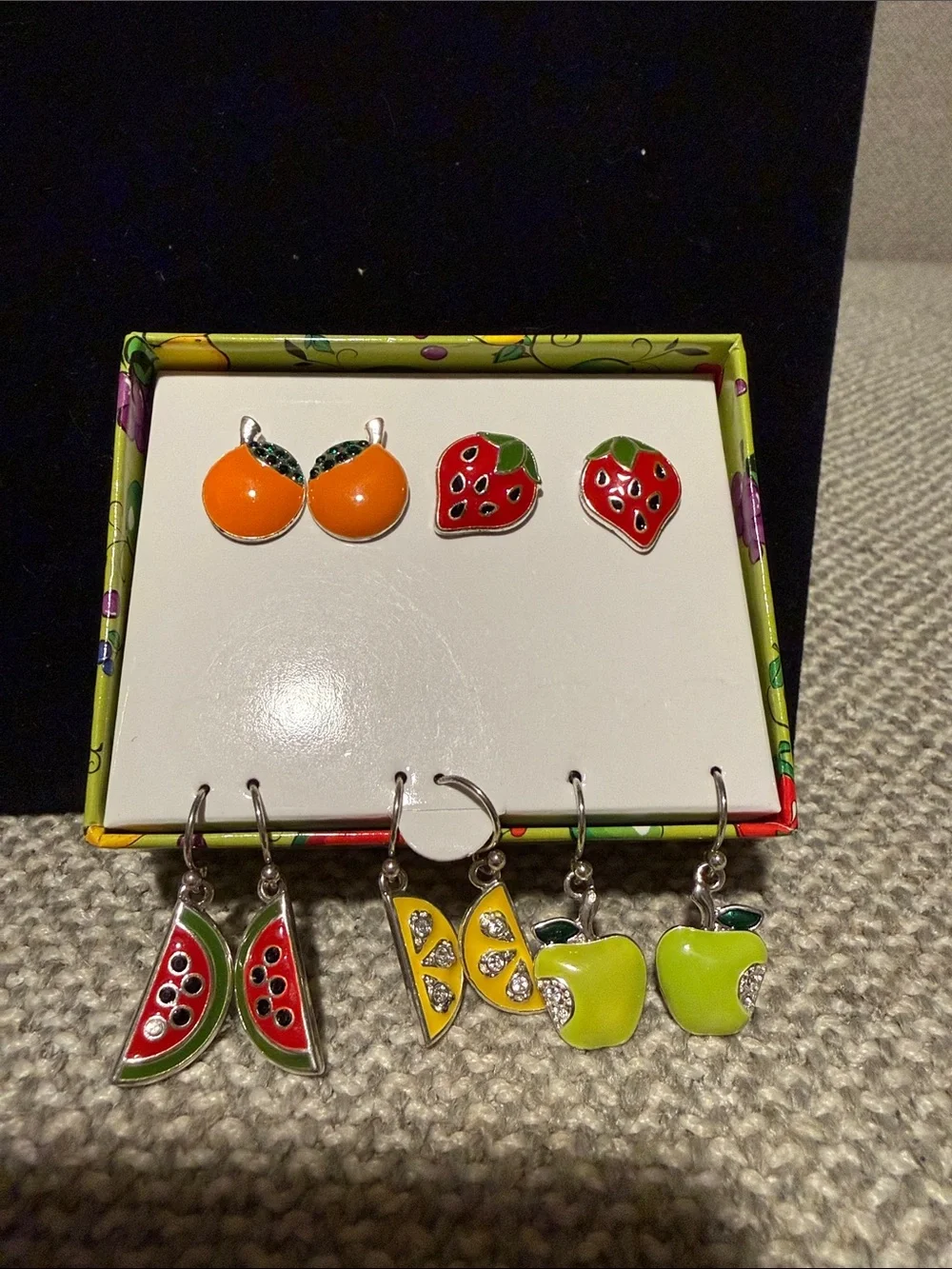 Fruit Stud & Dangle Earring Set - Orange, Red, Yellow, Green